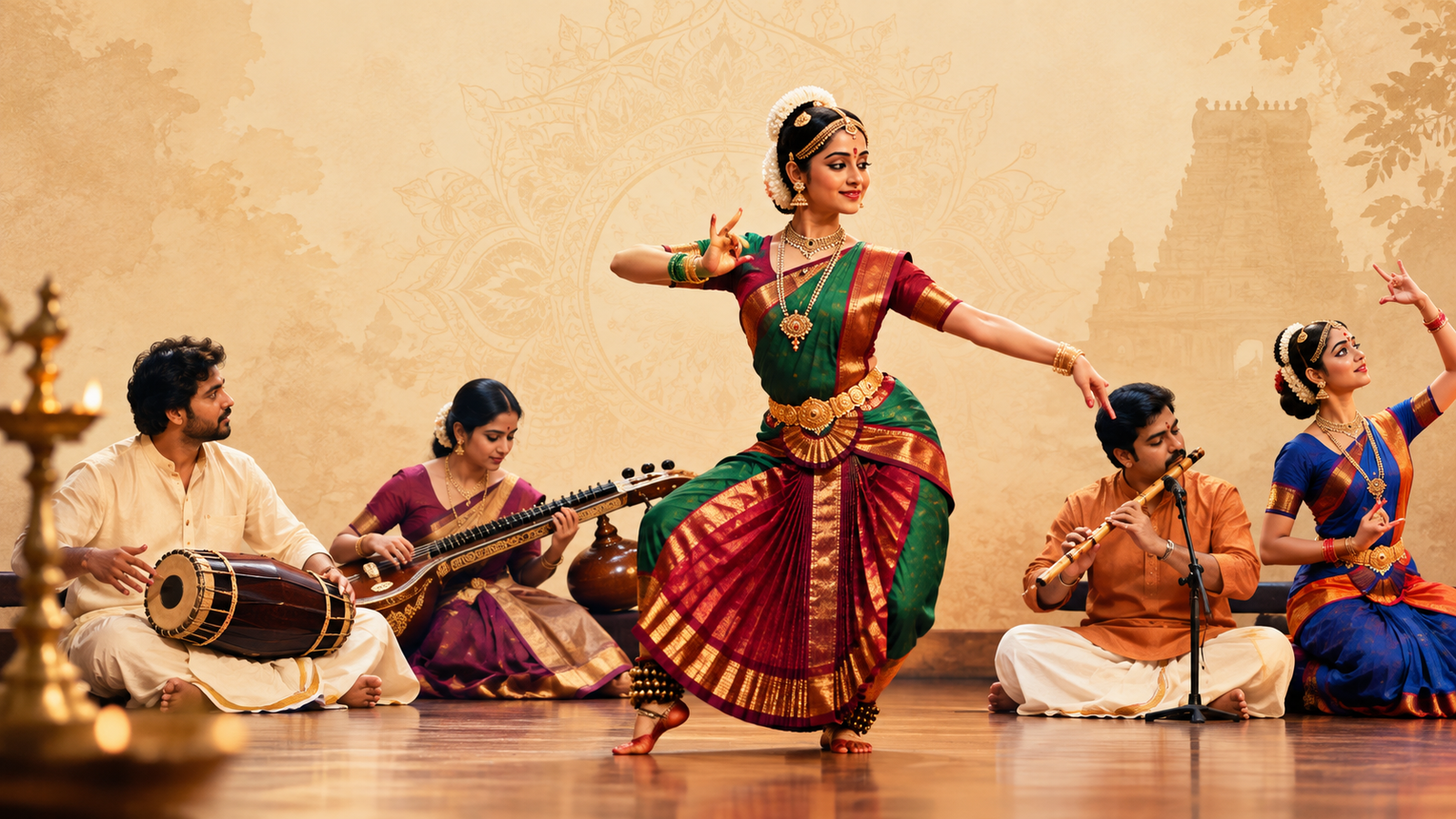 Bharatanatyam dancers rehearsing on stage