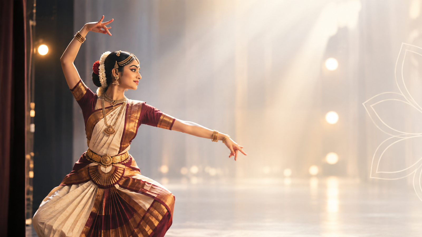 Dancer performing with stage lighting and visual backdrop