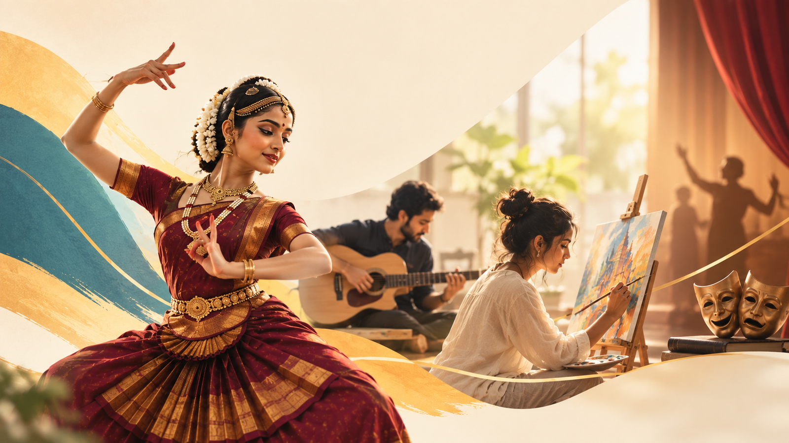 Ensemble of dancers performing on stage with temple backdrop
